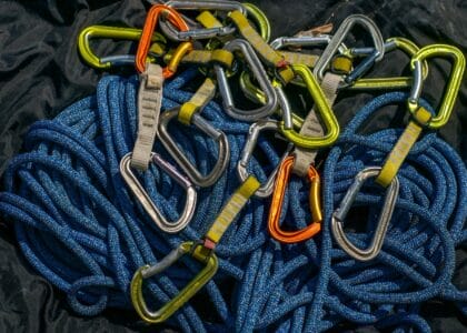Equipment of rockclimber. Rope and carabiner
